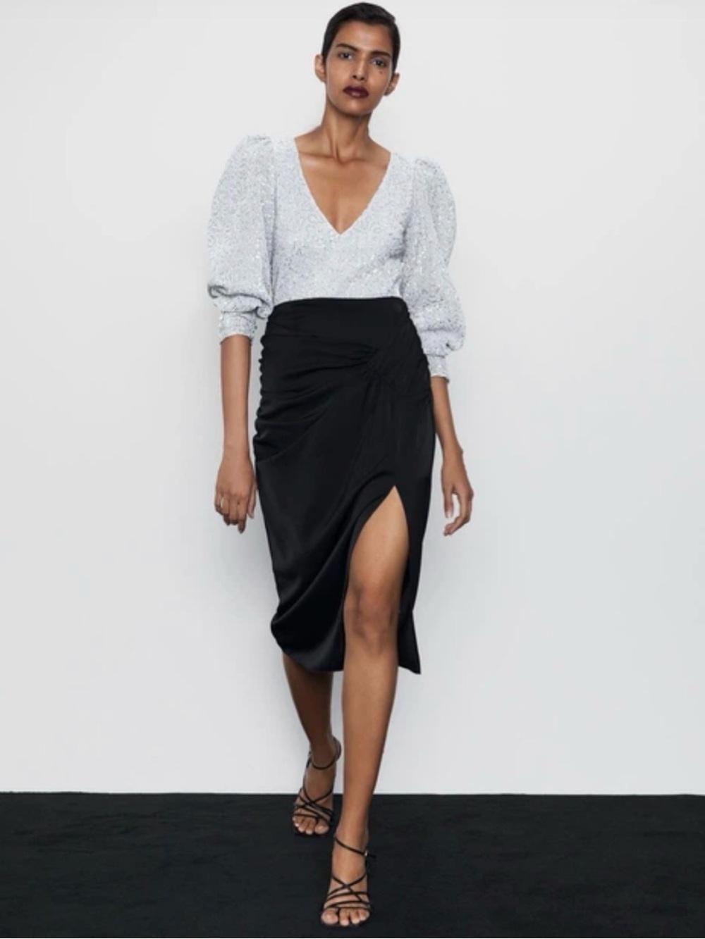 ZARA Women's Gathered Satin Midi Skirt w/ Side Thigh Slit Sz XL REF2157/244/800